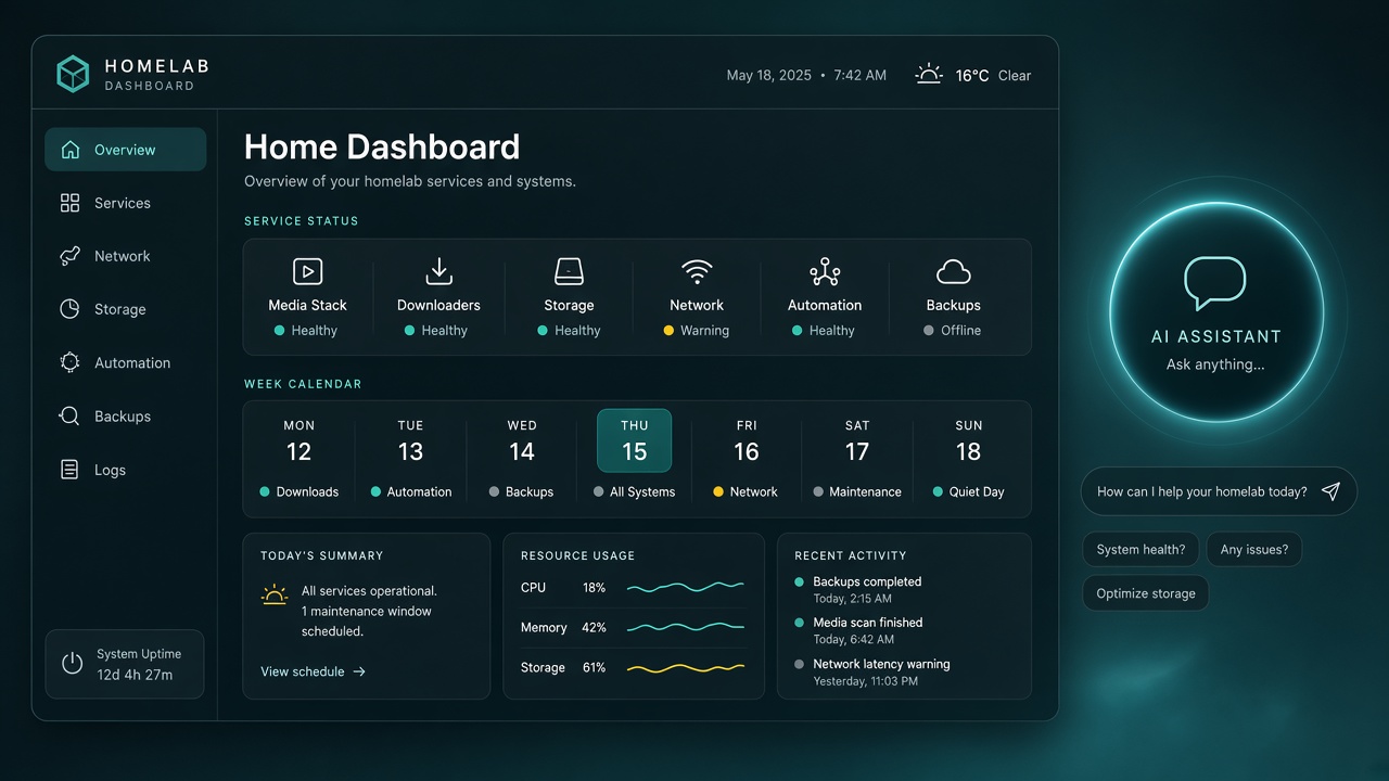 Demo-Oberfläche Home-Dashboard mit Status und Kalender