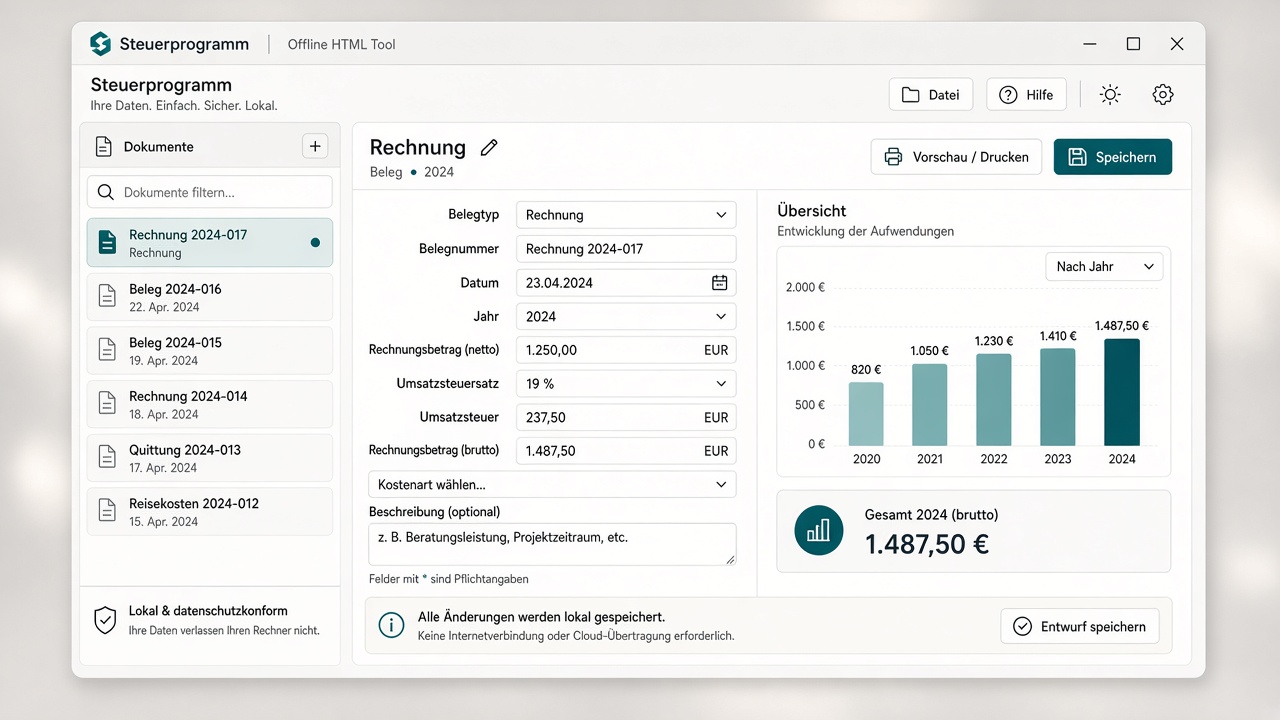 Demo-Oberfläche Steuerprogramm: Belege und Formularansicht